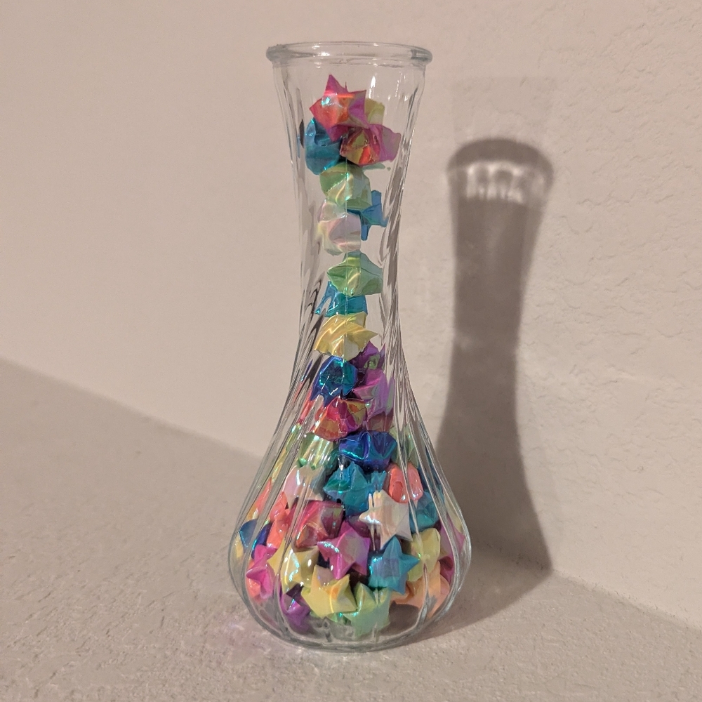 Colorful Origami Stars in Glass Vase